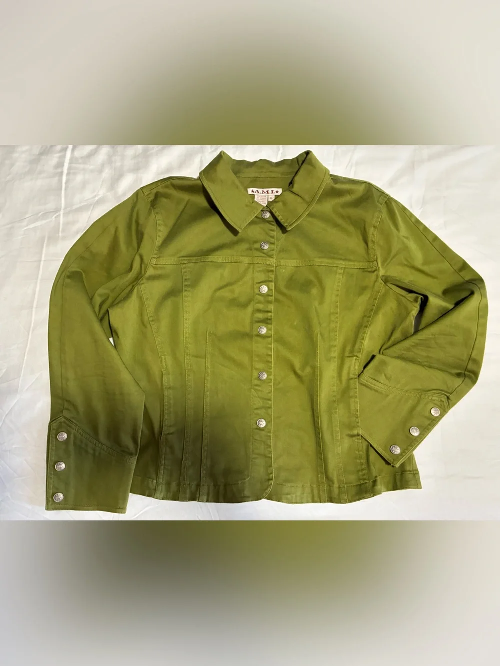 90s Olive Green Button-Front Military Jean Jacket Cotton Spandex Blend XL
